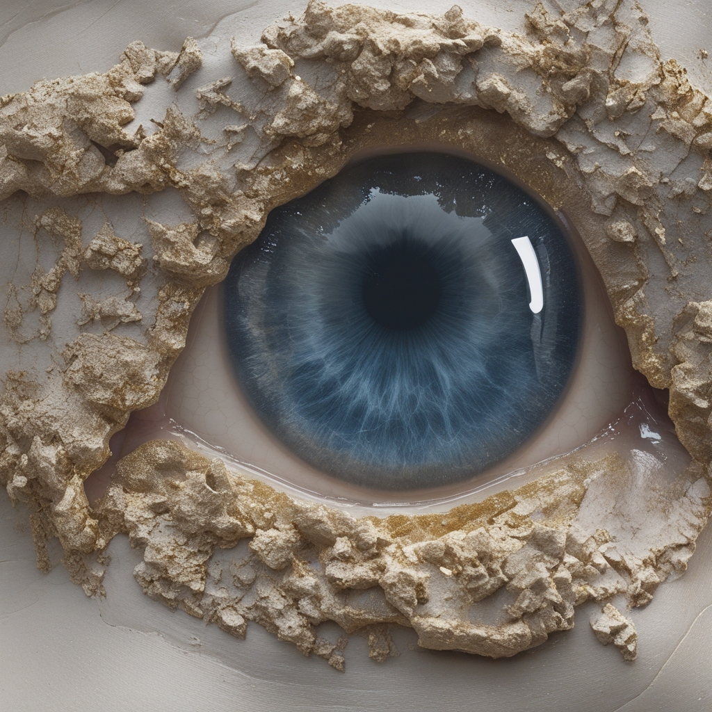 Visualisasi artistik lapisan sel retina dengan pola saraf yang indah seperti akar pohon, dominasi warna deep navy dan emas, tampilan yang abstrak dan ilmiah namun estetis