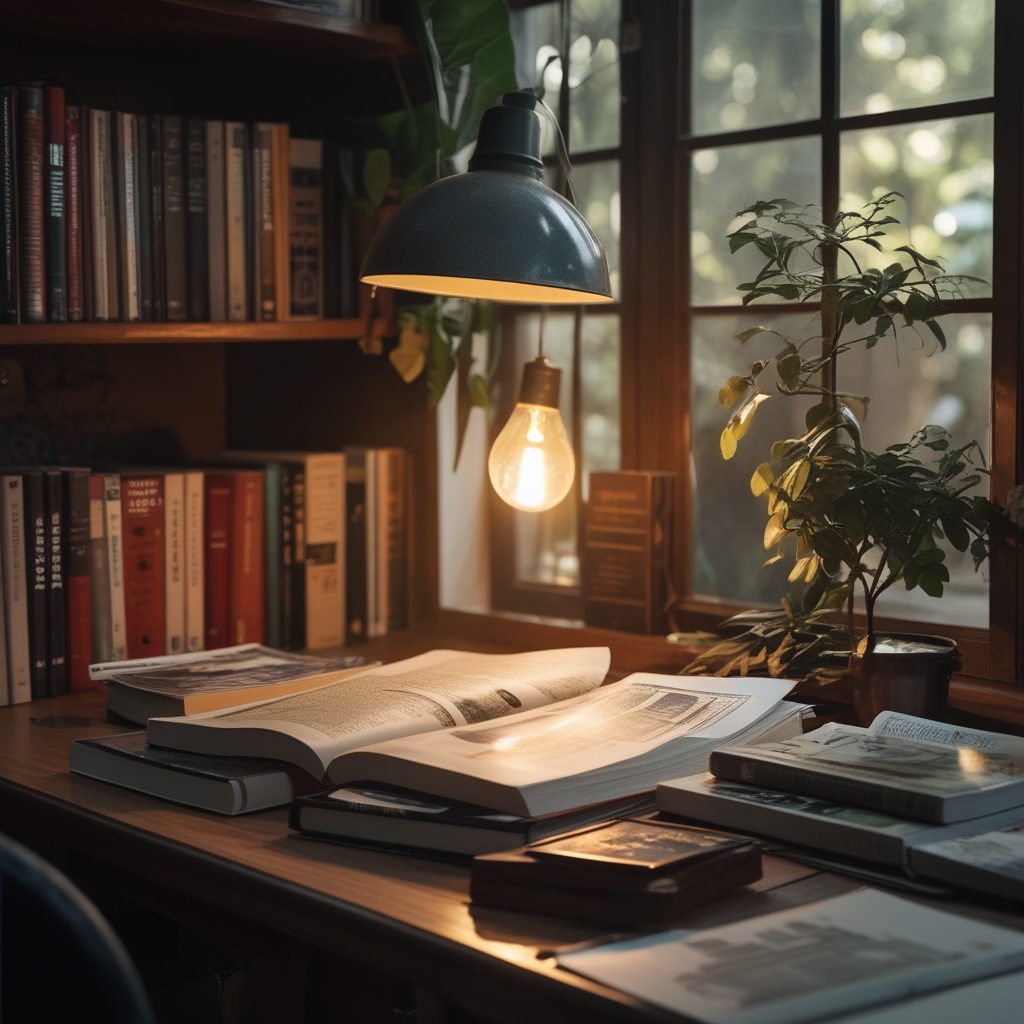 Meja baca kayu dengan beberapa buku terbuka, jurnal edukasi, dan secangkir teh hangat di bawah cahaya lampu meja yang hangat, suasana tenang dan intelektual