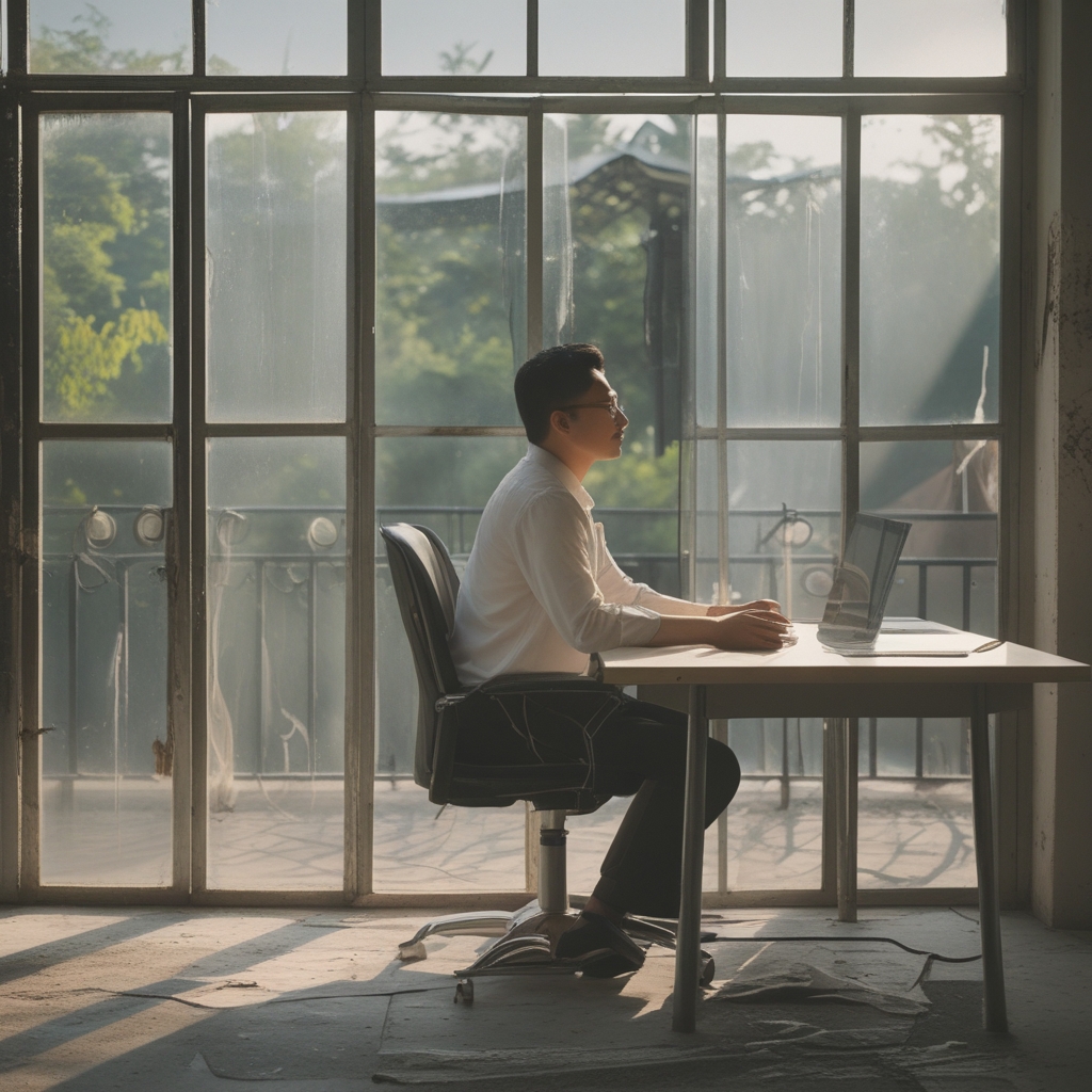 Seseorang duduk di meja kerja di dekat jendela besar dengan cahaya alami, melihat ke luar ke pemandangan hijau, postur rileks, suasana reflektif dan tenang