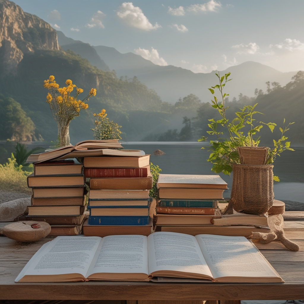 Susunan buku-buku referensi ilmiah terbuka di atas meja kayu gelap, dengan cahaya meja yang terfokus pada halaman, menciptakan kontras dramatis antara terang dan bayangan, suasana intelektual dan tenang